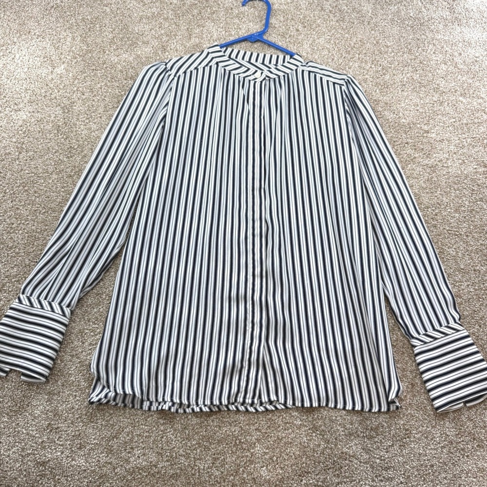 LOFT Womens Navy Blue White Striped Band Collar Long Sleeve Blouse S Office Work